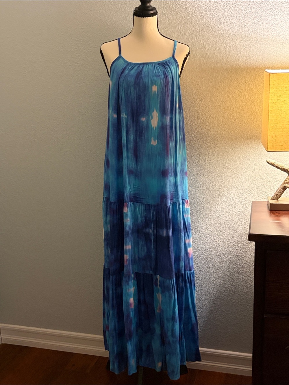 BB Dakota Blue Tie-Dye Maxi Dress with Spaghetti Straps